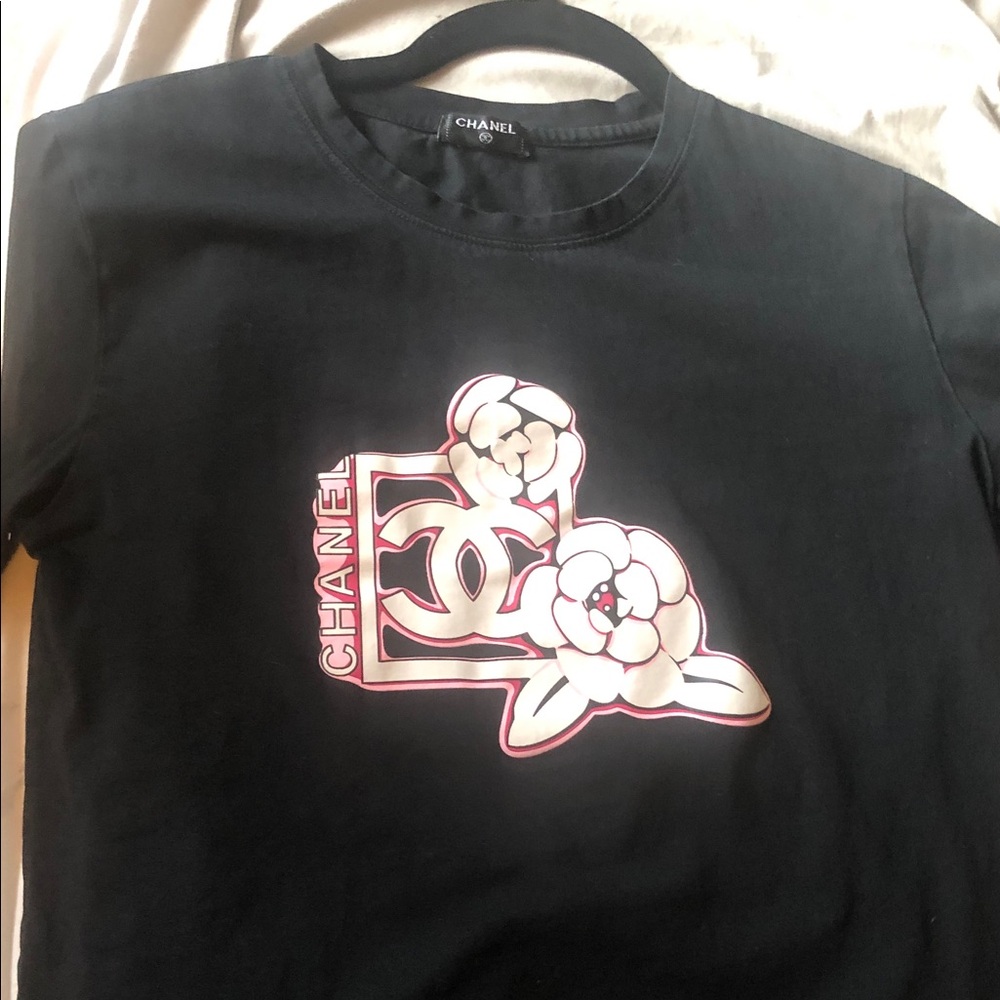 CHANEL Black Tee with White and Pink Floral Logo